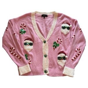 Pink Christmas Cardigan with Santa and Candy Cane Design
